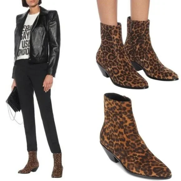 Saint Laurent West Chelsea Leopard Western Ankle Boots Size 38 - Picture 2 of 10